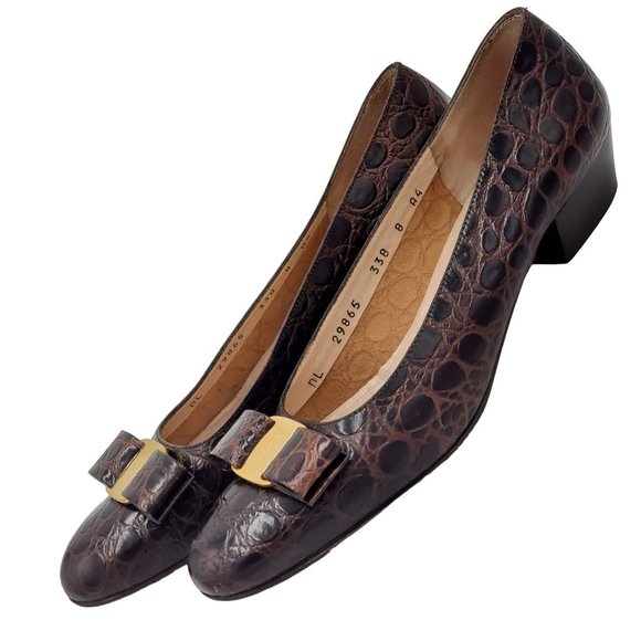 Salvatore Ferragamo Women 8 Brown Crocodile Embossed Leather Dress Vara Bow Heel - Picture 10 of 14